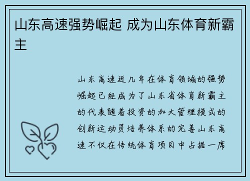 山东高速强势崛起 成为山东体育新霸主
