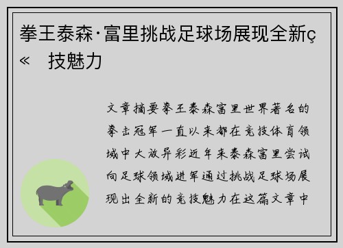 拳王泰森·富里挑战足球场展现全新竞技魅力
