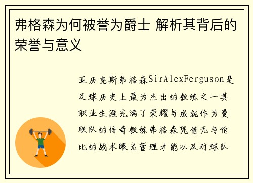 弗格森为何被誉为爵士 解析其背后的荣誉与意义